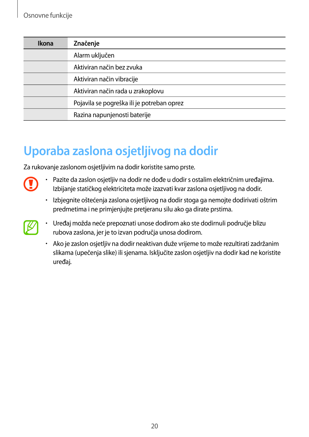 Samsung GT-I9305OKDCRO, GT-I9305MBDVIP, GT-I9305OKASWC manual Uporaba zaslona osjetljivog na dodir, Osnovne funkcije 