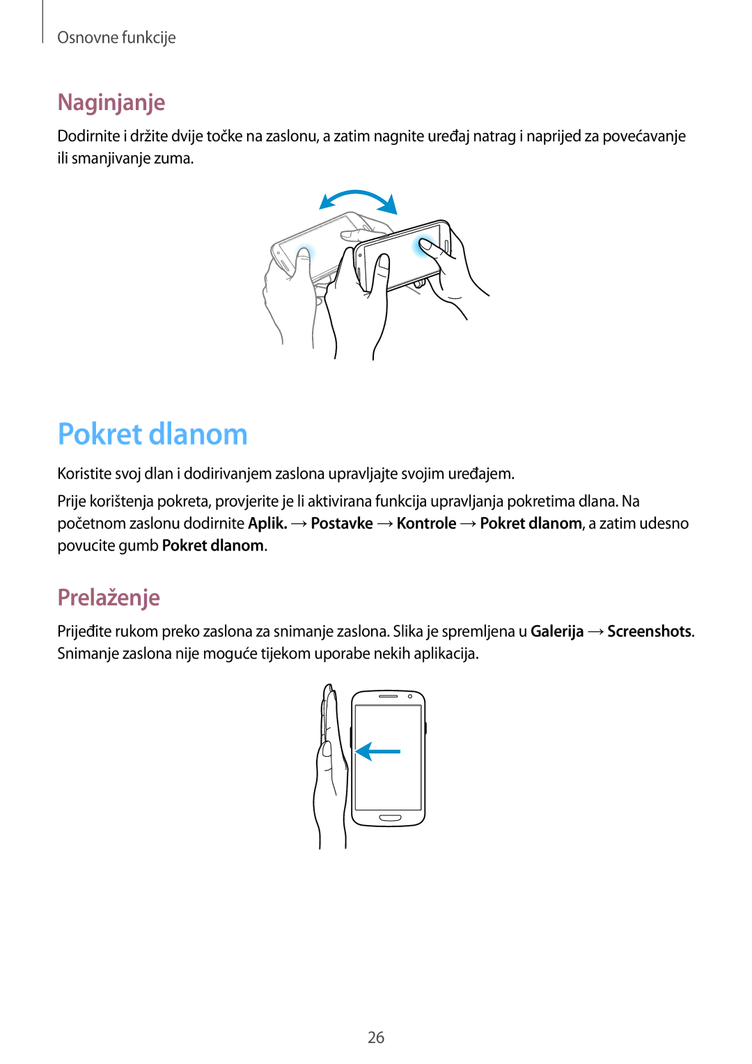 Samsung GT-I9305OKDCRO, GT-I9305MBDVIP, GT-I9305OKASWC manual Pokret dlanom, Naginjanje, Prelaženje 