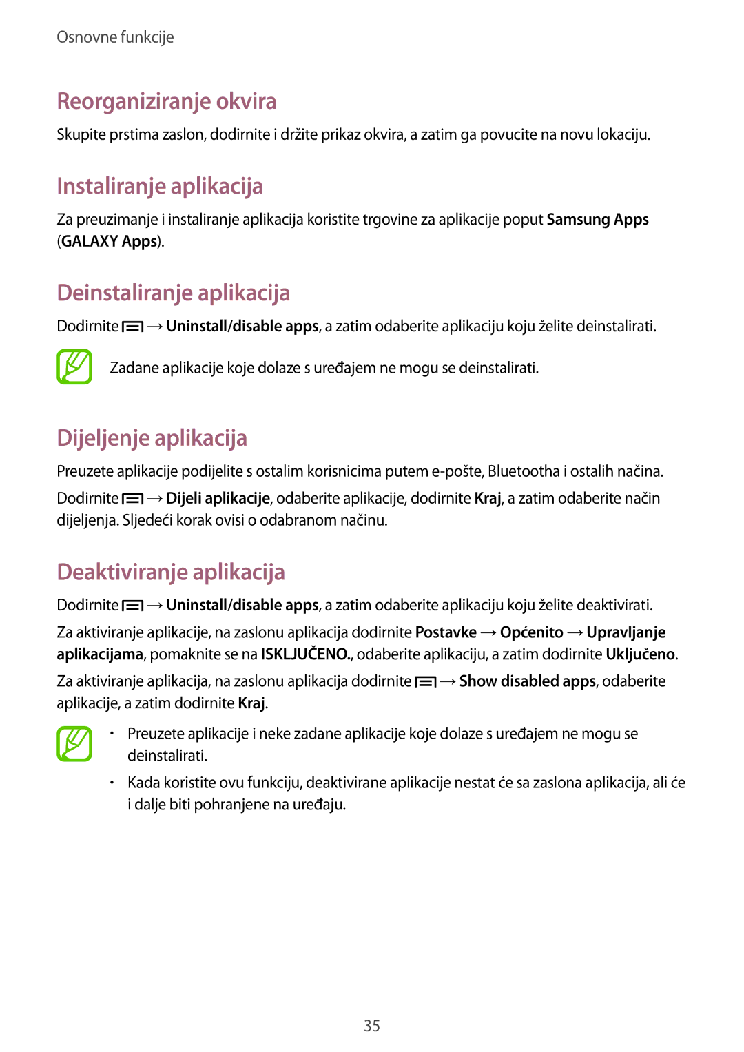 Samsung GT-I9305OKDCRO Instaliranje aplikacija, Deinstaliranje aplikacija, Dijeljenje aplikacija, Deaktiviranje aplikacija 