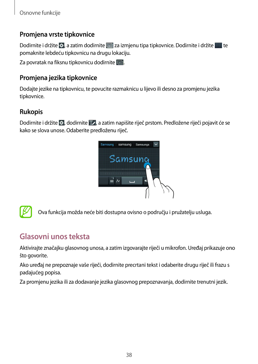 Samsung GT-I9305OKDCRO manual Glasovni unos teksta, Promjena vrste tipkovnice, Promjena jezika tipkovnice, Rukopis 