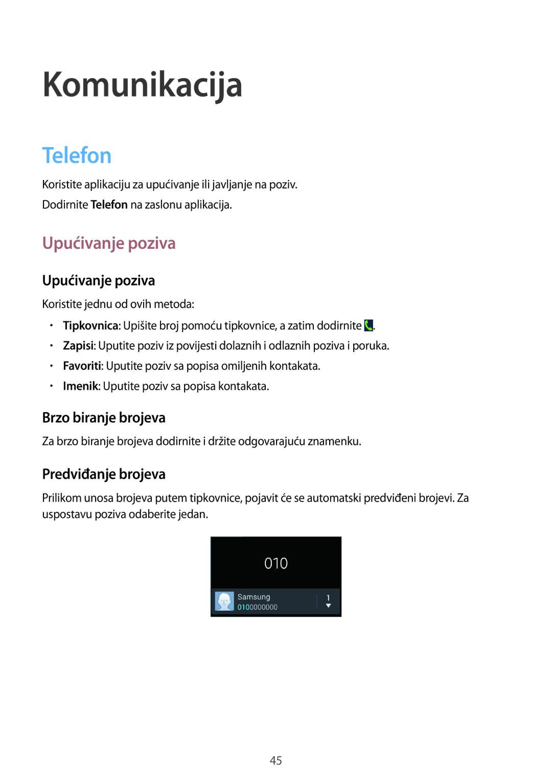 Samsung GT-I9305MBDVIP, GT-I9305OKASWC manual Telefon, Upućivanje poziva, Brzo biranje brojeva, Predviđanje brojeva 