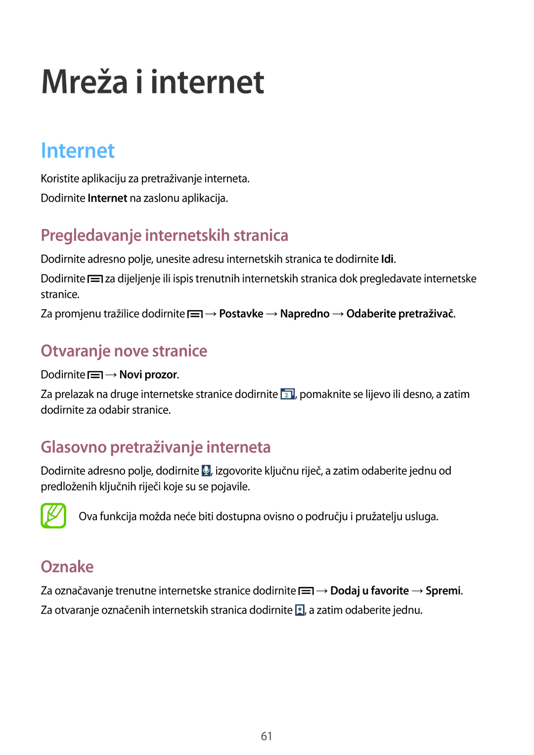 Samsung GT-I9305OKASWC, GT-I9305MBDVIP manual Internet, Pregledavanje internetskih stranica, Otvaranje nove stranice, Oznake 