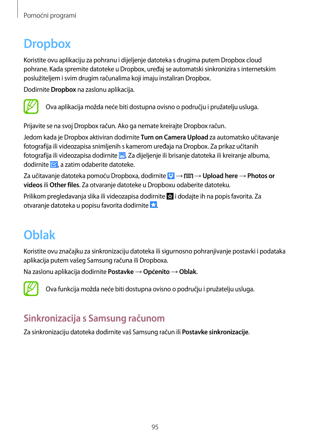 Samsung GT-I9305OKDCRO, GT-I9305MBDVIP, GT-I9305OKASWC manual Dropbox, Oblak, Sinkronizacija s Samsung računom 