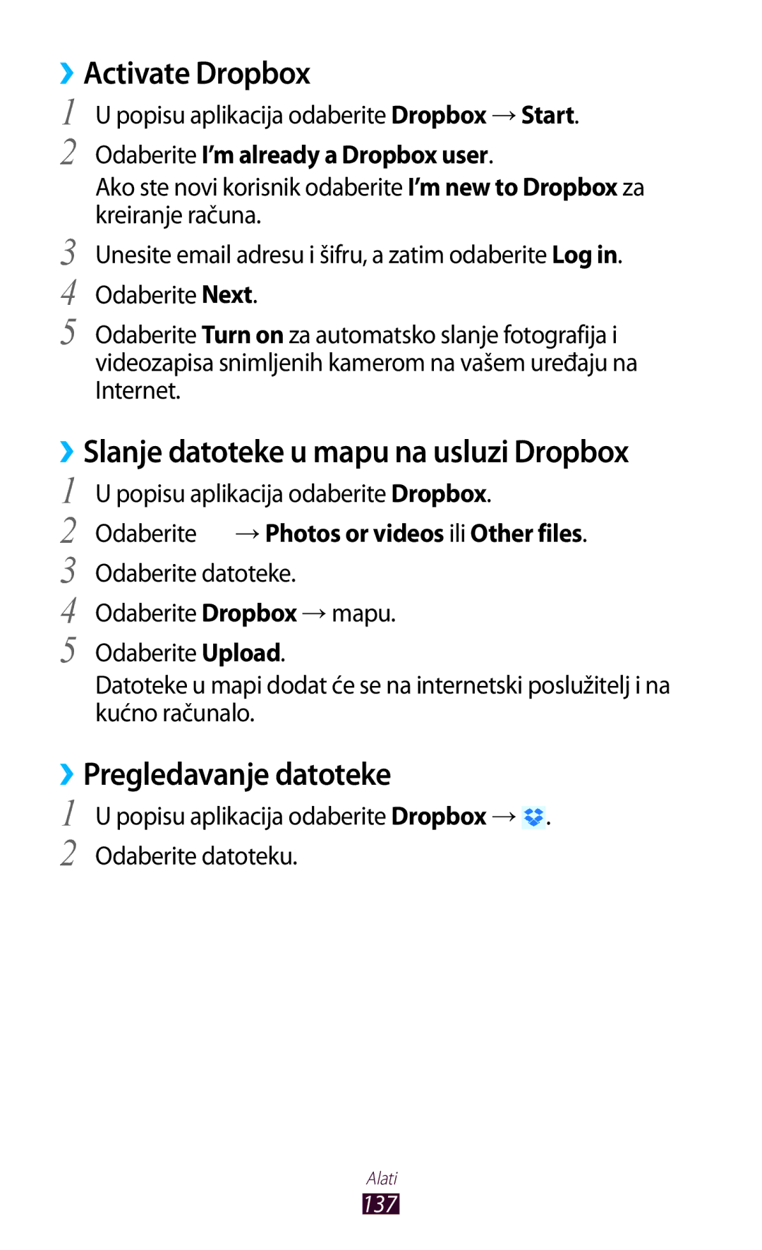 Samsung GT-I9305OKDCRO manual ››Activate Dropbox, ››Slanje datoteke u mapu na usluzi Dropbox, ››Pregledavanje datoteke 