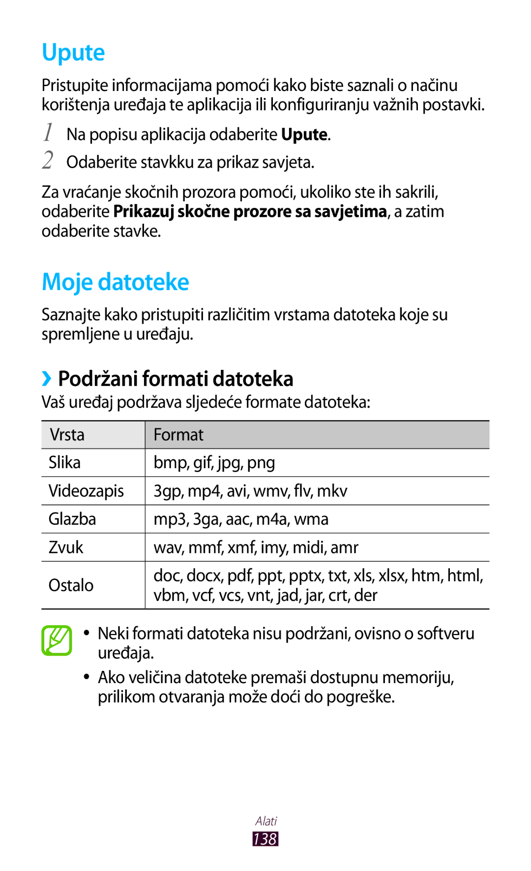 Samsung GT-I9305MBDVIP, GT-I9305OKASWC, GT-I9305OKDCRO manual Upute, Moje datoteke, ››Podržani formati datoteka 