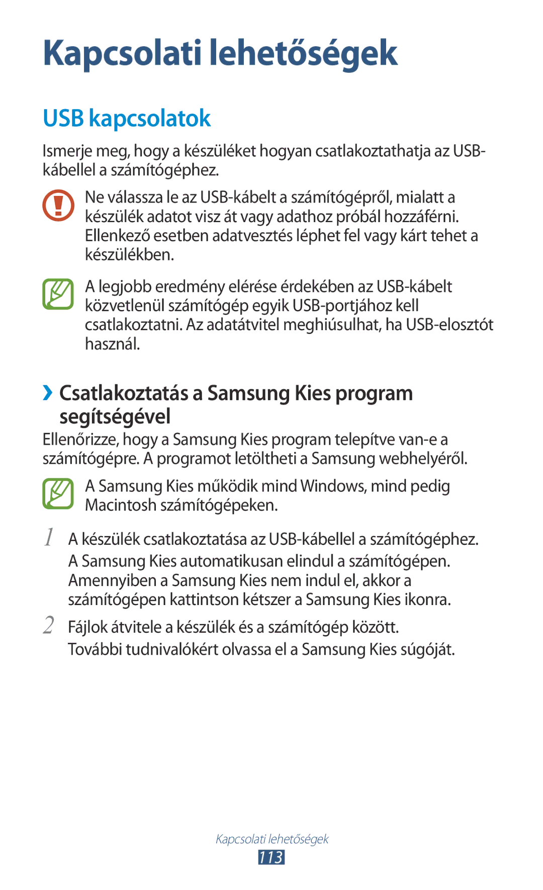 Samsung GT-I9305RWDDBT, GT-I9305MBDXEO manual USB kapcsolatok, ››Csatlakoztatás a Samsung Kies program segítségével, 113 