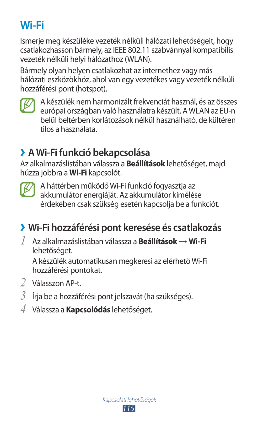 Samsung GT-I9305ZNDVD2, GT-I9305MBDXEO, GT-I9305MBDPRT, GT-I9305RWDPRT manual ››A Wi-Fi funkció bekapcsolása, 115 