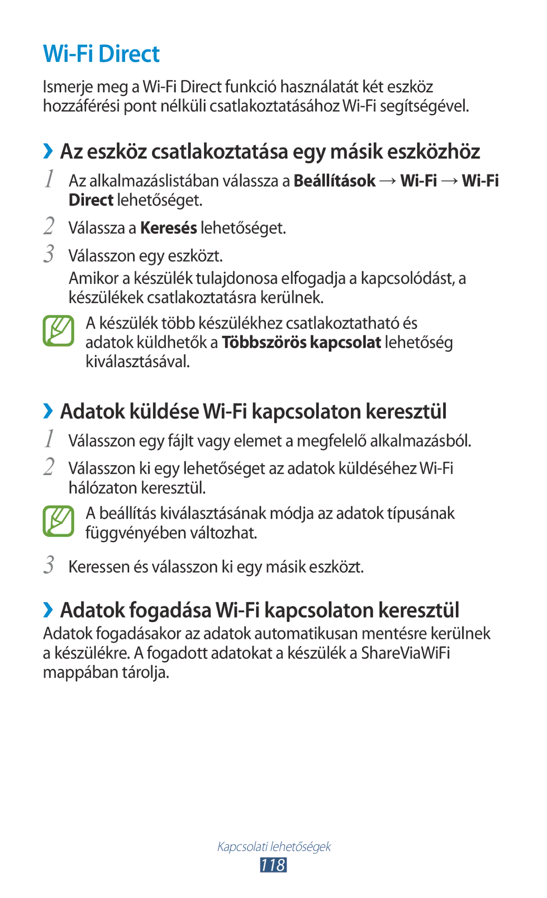 Samsung GT-I9305RWDXEO, GT-I9305MBDXEO, GT-I9305MBDPRT manual Wi-Fi Direct, ››Adatok küldése Wi-Fi kapcsolaton keresztül, 118 