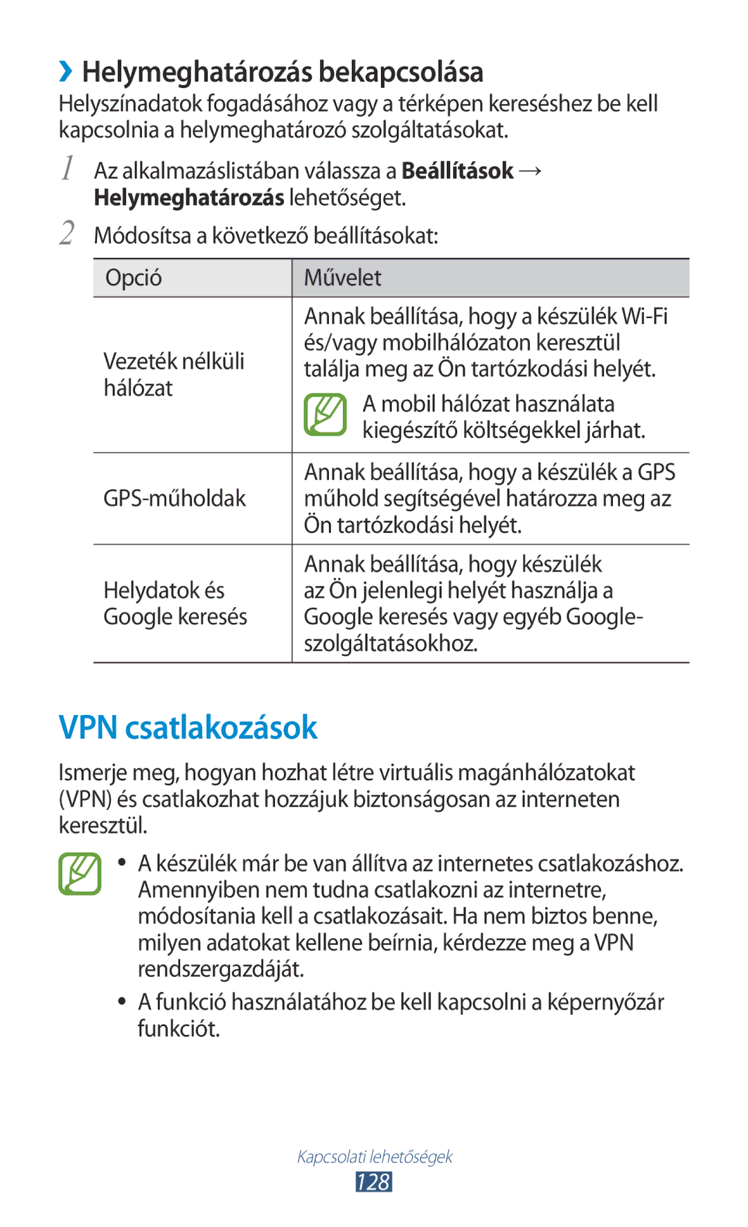 Samsung GT-I9305RWDTMH, GT-I9305MBDXEO, GT-I9305MBDPRT manual VPN csatlakozások, ››Helymeghatározás bekapcsolása, 128 