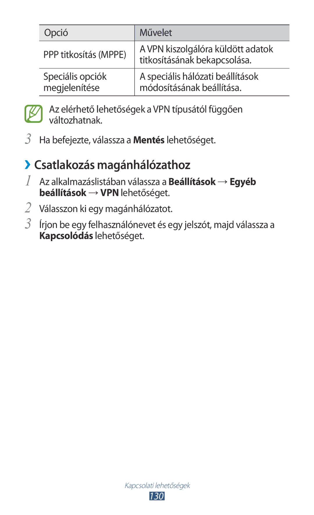 Samsung GT-I9305RWDORL, GT-I9305MBDXEO, GT-I9305MBDPRT manual ››Csatlakozás magánhálózathoz, Titkosításának bekapcsolása, 130 