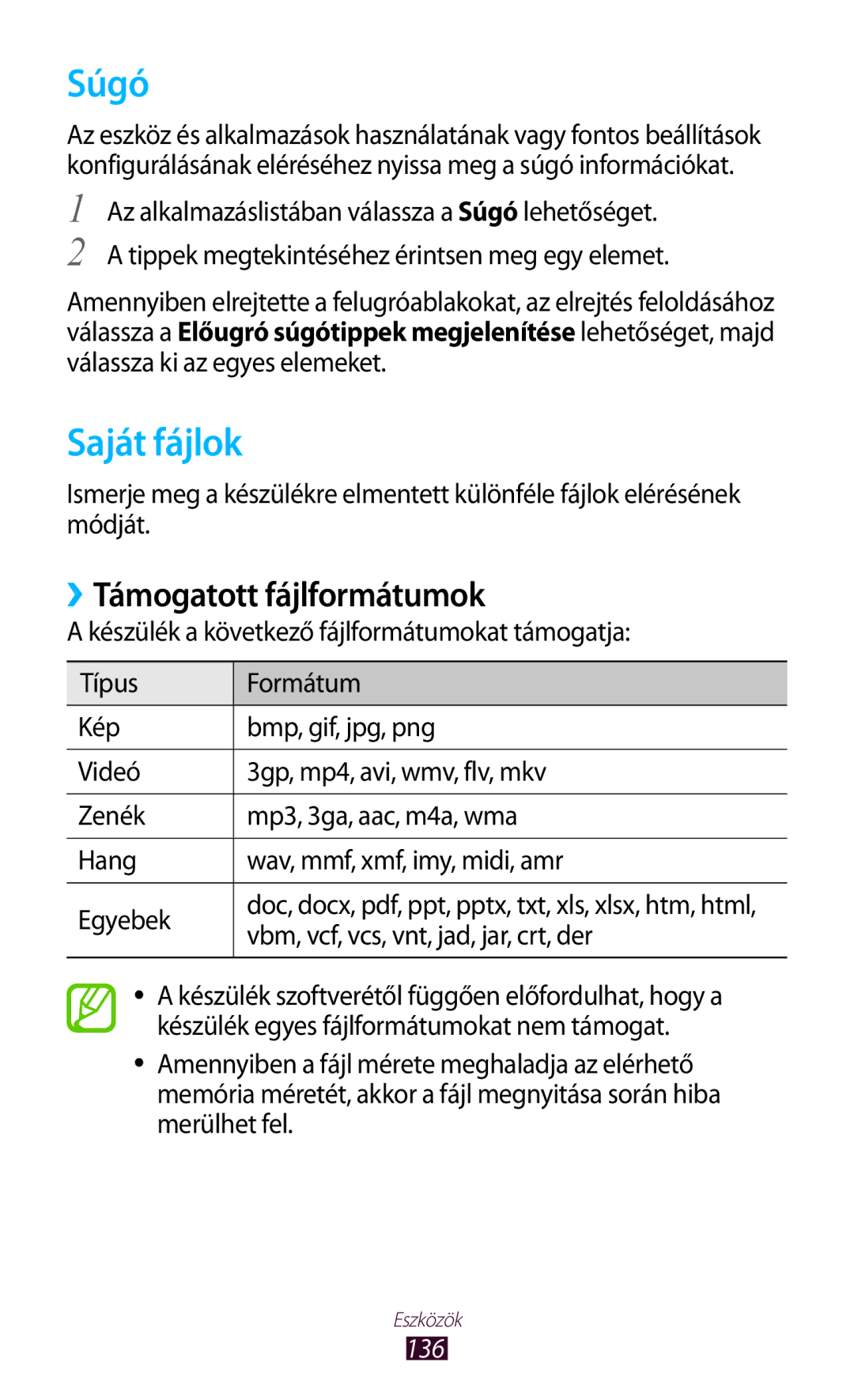 Samsung GT-I9305OKDDBT, GT-I9305MBDXEO, GT-I9305MBDPRT, GT-I9305RWDPRT Súgó, Saját fájlok, ››Támogatott fájlformátumok, 136 