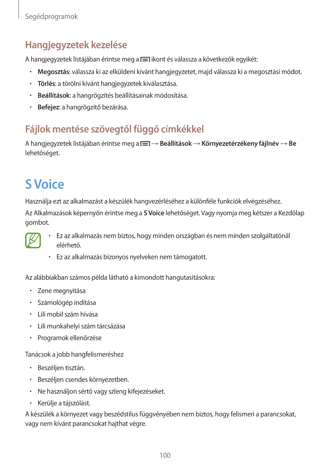 Samsung GT-I9305RWDCOA, GT-I9305MBDXEO manual Voice, Hangjegyzetek kezelése, Fájlok mentése szövegtől függő címkékkel 