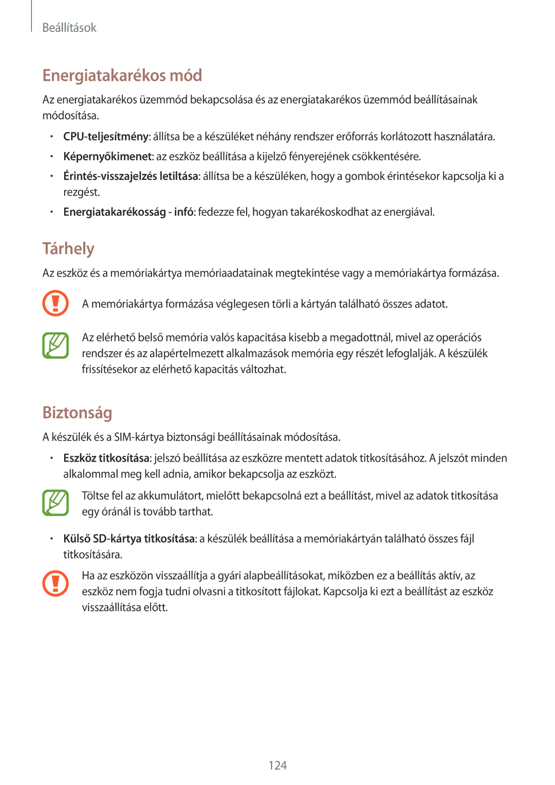 Samsung GT-I9305MBDCOA, GT-I9305MBDXEO, GT-I9305MBDPRT, GT-I9305RWDPRT manual Energiatakarékos mód, Tárhely, Biztonság 