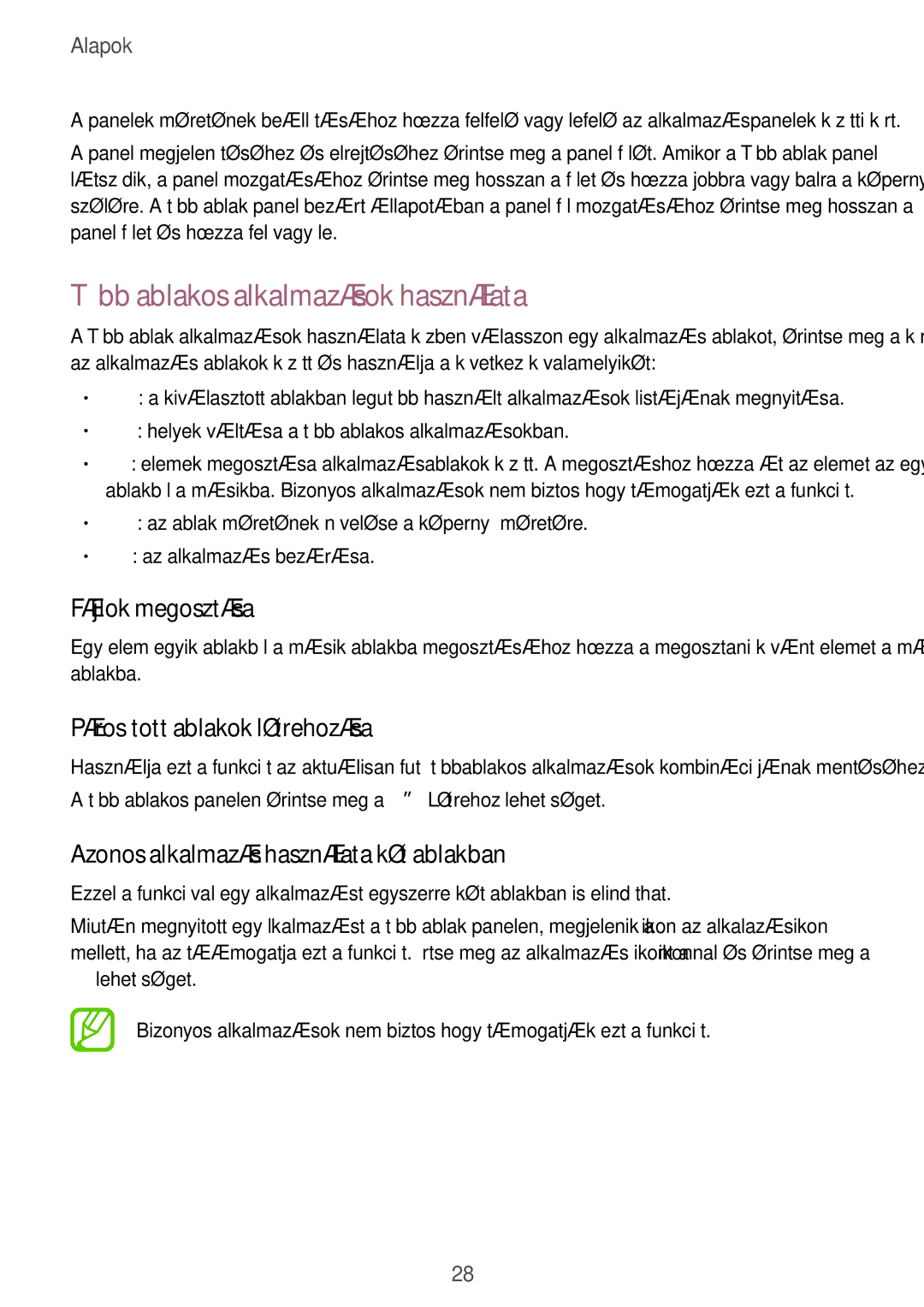 Samsung GT-I9305RWDVD2 manual Több ablakos alkalmazások használata, Fájlok megosztása, Párosított ablakok létrehozása 