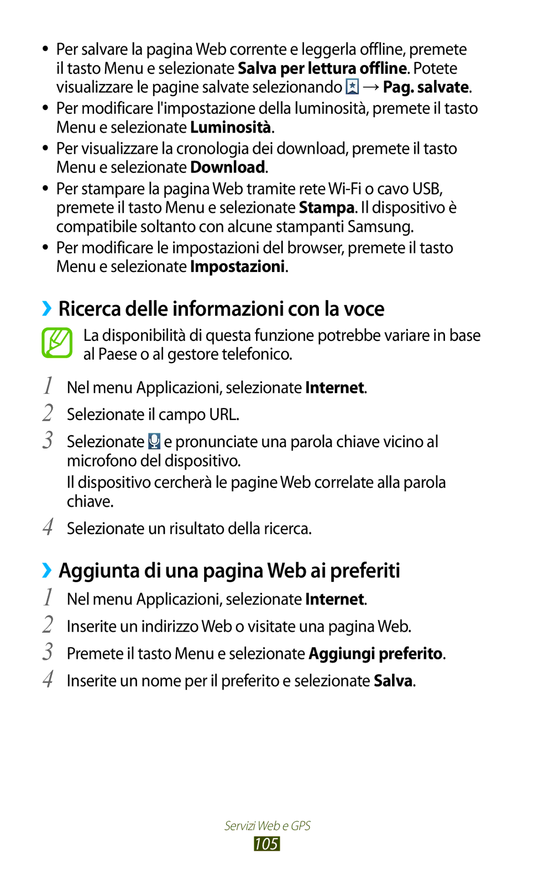 Samsung GT-I9305MBDXEO manual ››Ricerca delle informazioni con la voce, ››Aggiunta di una pagina Web ai preferiti, 105 