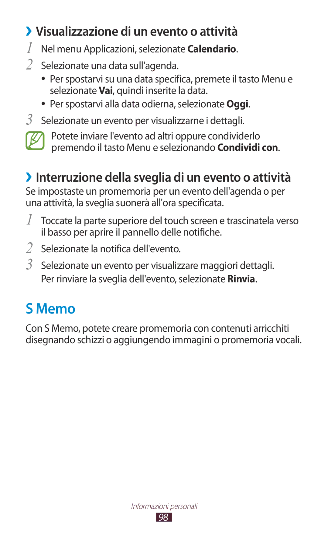 Samsung GT-I9305MBDXEO, GT-I9305OKDTIM Memo, ››Visualizzazione di un evento o attività, Selezionate la notifica dellevento 