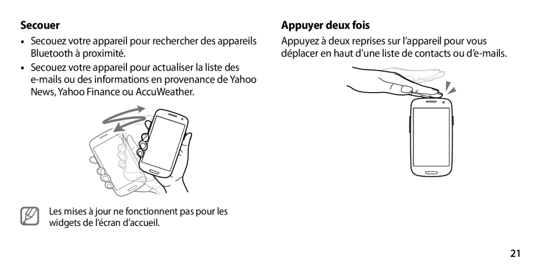 Samsung GT-I9305TADFTM, GT-I9305OKDFTM, GT-I9305RWDSFR, GT-I9305OKASFR, GT-I9305RWDFTM manual Secouer, Appuyer deux fois 