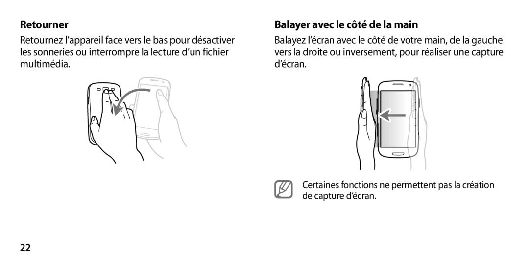 Samsung GT-I9305RWDSFR, GT-I9305OKDFTM, GT-I9305TADFTM, GT-I9305OKASFR manual Retourner, Balayer avec le côté de la main 