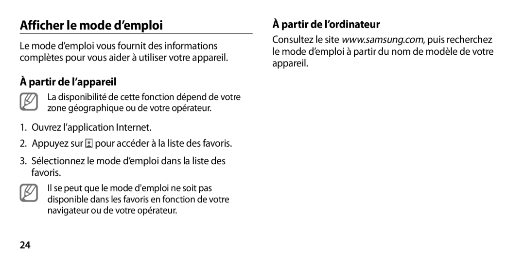 Samsung GT-I9305RWDFTM, GT-I9305OKDFTM manual Afficher le mode d’emploi, Partir de l’appareil, Partir de l’ordinateur 