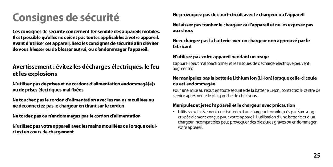 Samsung GT-I9305OKDXEF, GT-I9305OKDFTM, GT-I9305TADFTM, GT-I9305RWDSFR, GT-I9305OKASFR, GT-I9305RWDFTM Consignes de sécurité 