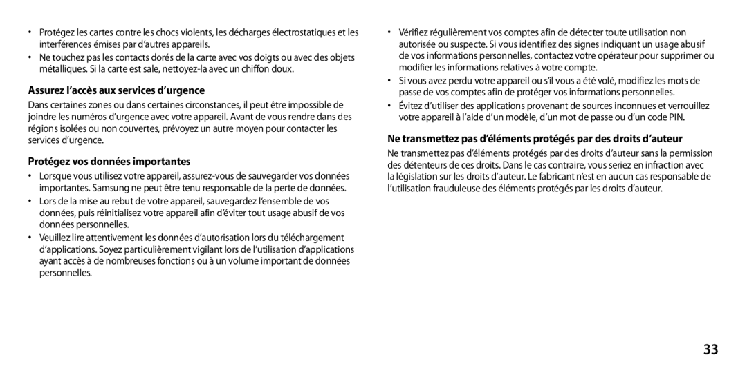 Samsung GT-I9305OKASFR, GT-I9305OKDFTM manual Assurez l’accès aux services d’urgence, Protégez vos données importantes 