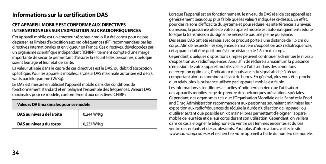 Samsung GT-I9305RWDFTM, GT-I9305OKDFTM, GT-I9305TADFTM, GT-I9305RWDSFR, GT-I9305OKASFR Informations sur la certification DAS 