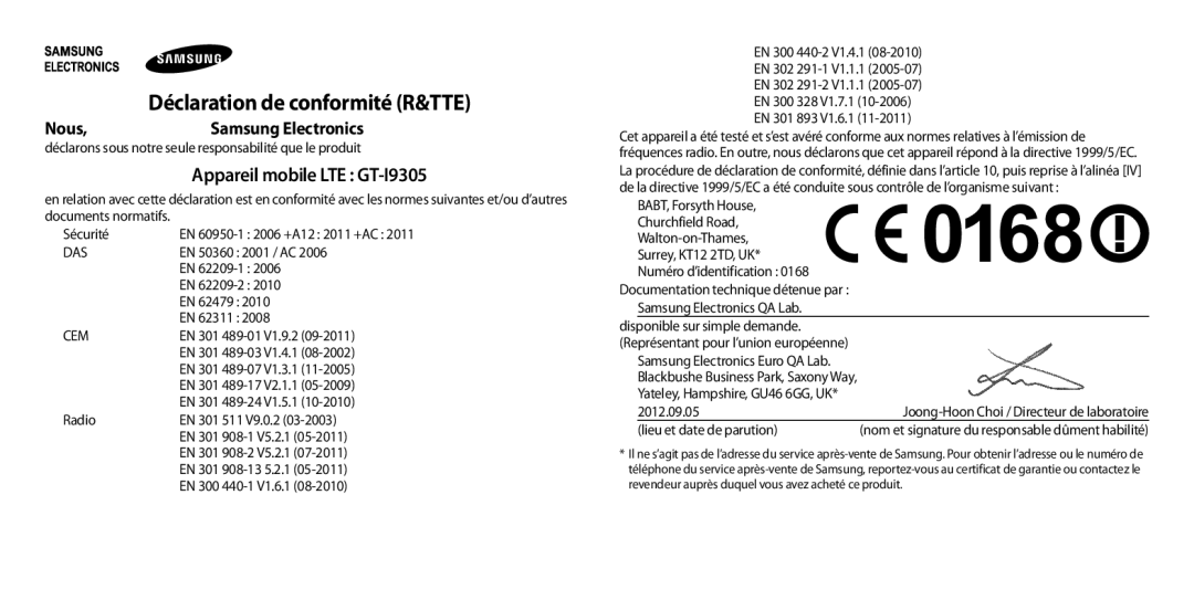 Samsung GT-I9305RWDBOG manual Déclaration de conformité R&TTE, Nous Samsung Electronics, Appareil mobile LTE GT-I9305 