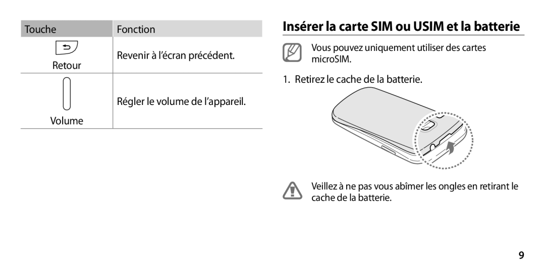 Samsung GT-I9305OKDBOG, GT-I9305OKDFTM, GT-I9305TADFTM, GT-I9305RWDSFR manual Insérer la carte SIM ou Usim et la batterie 