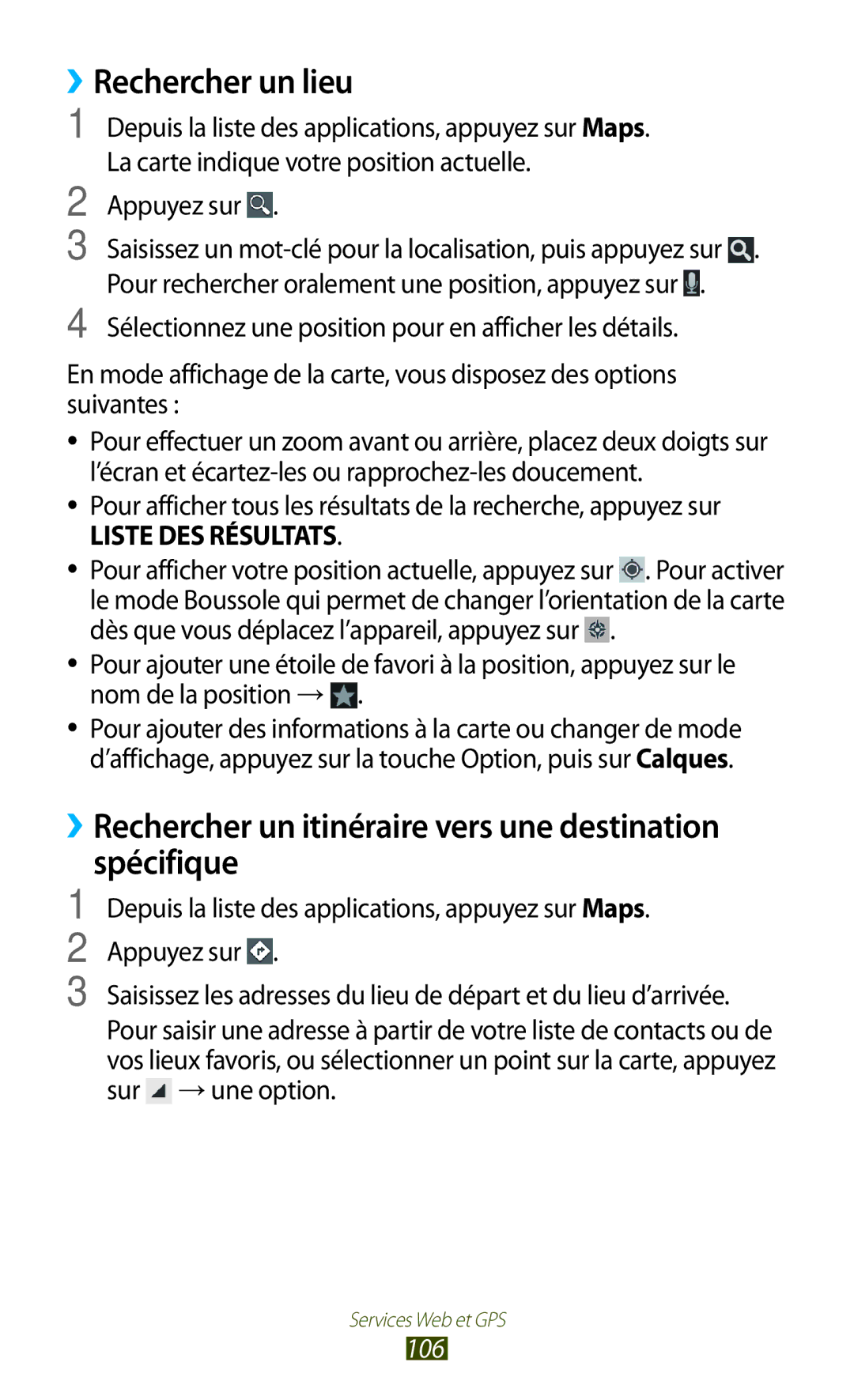 Samsung GT-I9305OKDSFR manual ››Rechercher un lieu, ››Rechercher un itinéraire vers une destination spécifique, 106 