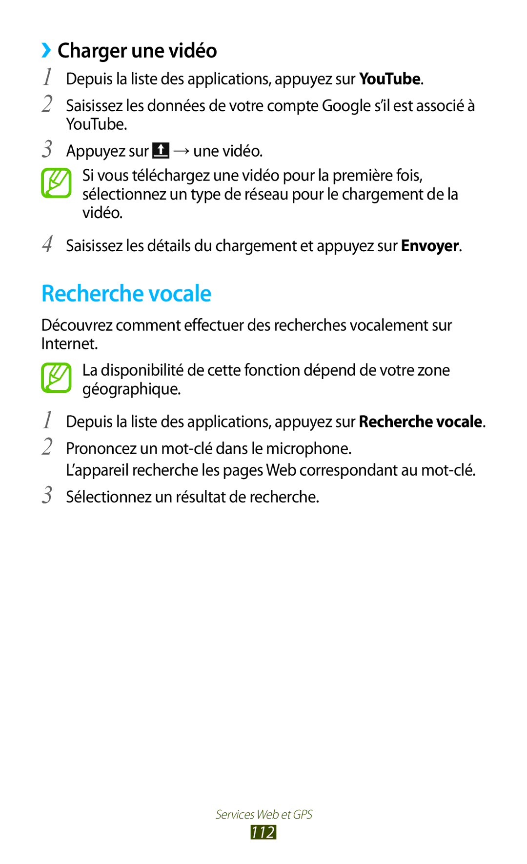 Samsung GT-I9305RWDSFR, GT-I9305OKDFTM, GT-I9305TADFTM, GT-I9305OKASFR manual Recherche vocale, ››Charger une vidéo, 112 