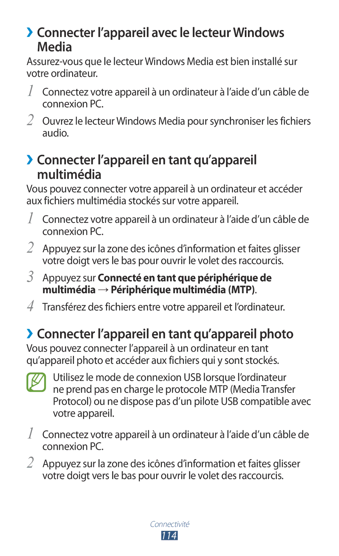 Samsung GT-I9305RWDFTM, GT-I9305OKDFTM, GT-I9305TADFTM manual ››Connecter l’appareil avec le lecteur Windows Media, 114 