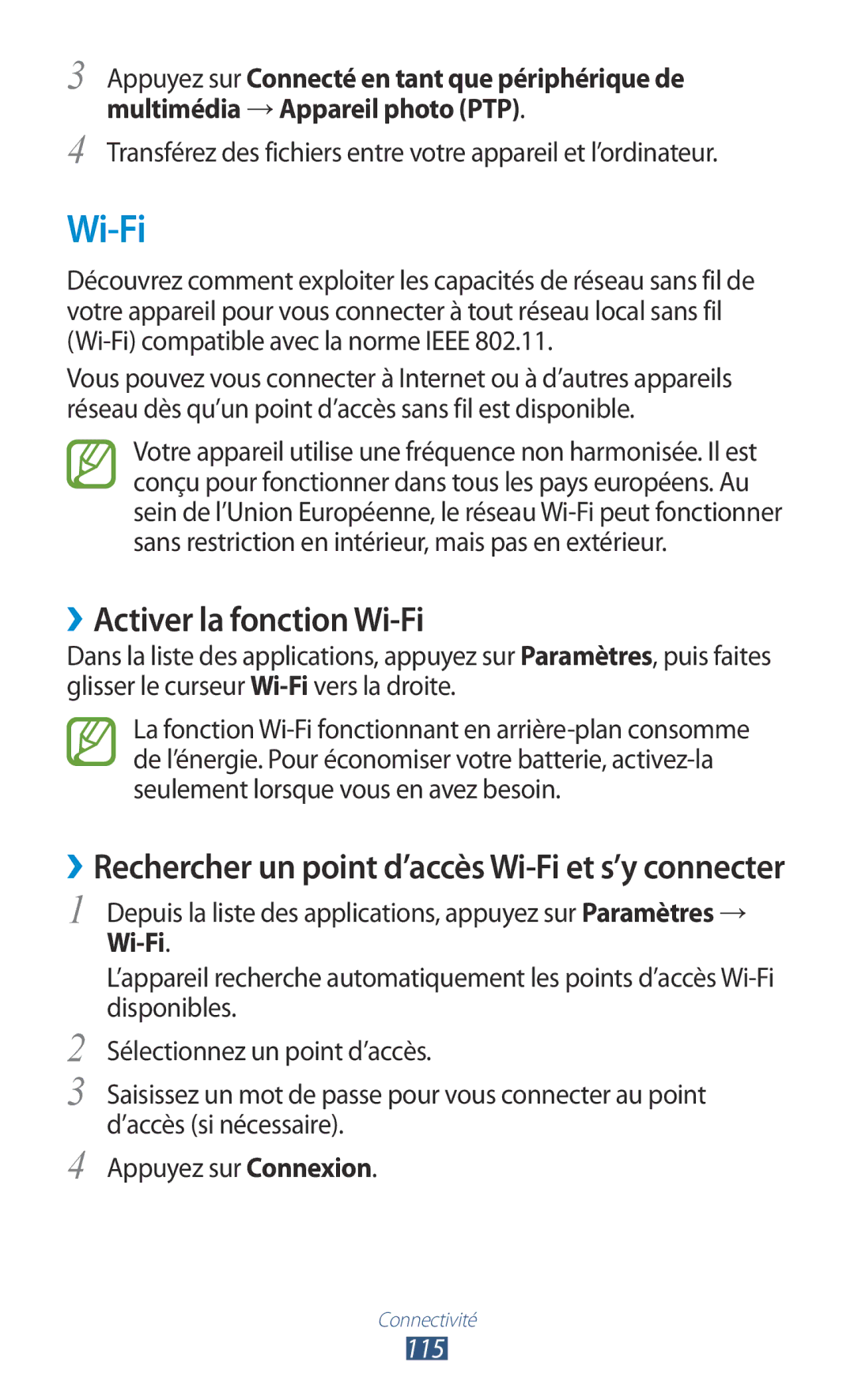 Samsung GT-I9305OKDXEF manual ››Activer la fonction Wi-Fi, ››Rechercher un point d’accès Wi-Fi et s’y connecter, 115 