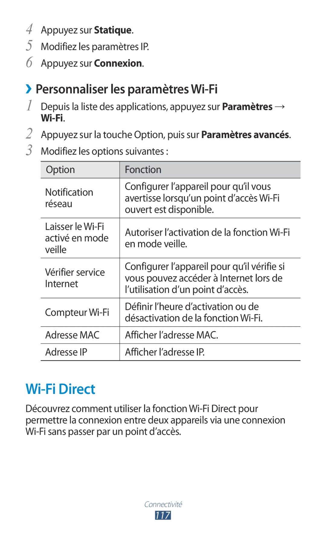 Samsung GT-I9305RWDBOG, GT-I9305OKDFTM, GT-I9305TADFTM manual Wi-Fi Direct, ››Personnaliser les paramètres Wi-Fi, 117 