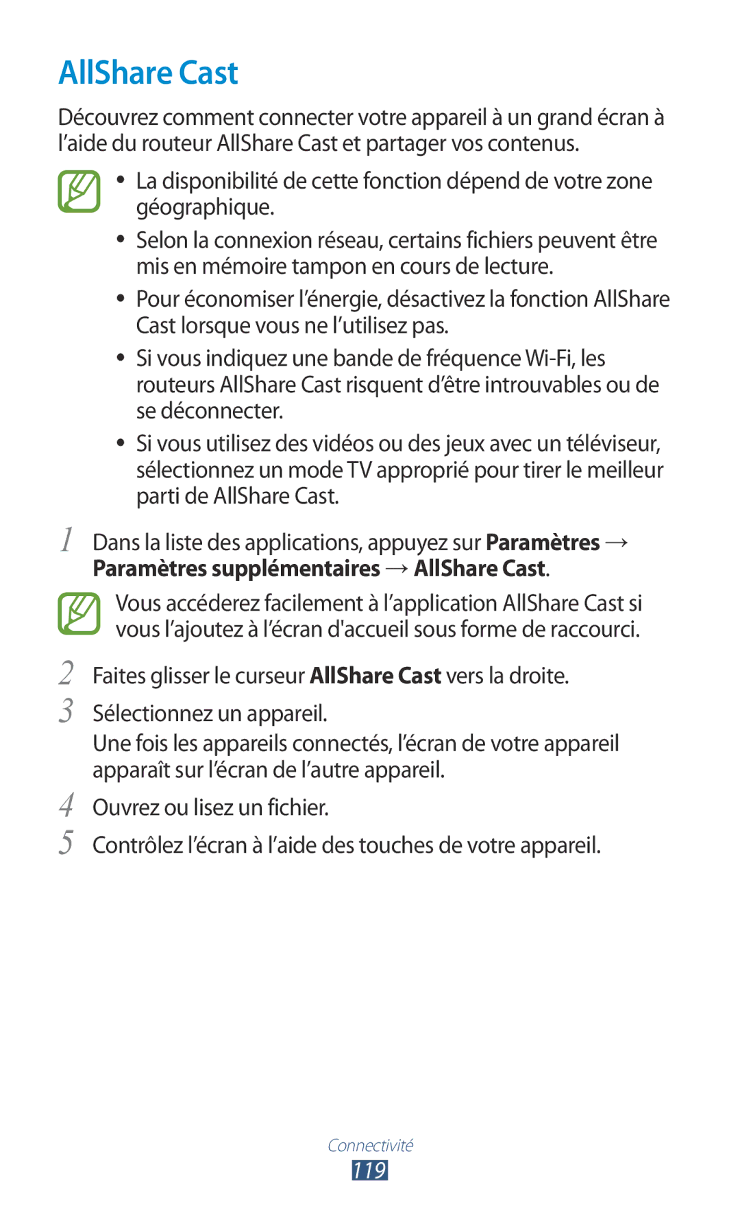 Samsung GT-I9305OKDBOG, GT-I9305OKDFTM, GT-I9305TADFTM, GT-I9305RWDSFR, GT-I9305OKASFR, GT-I9305RWDFTM manual AllShare Cast, 119 