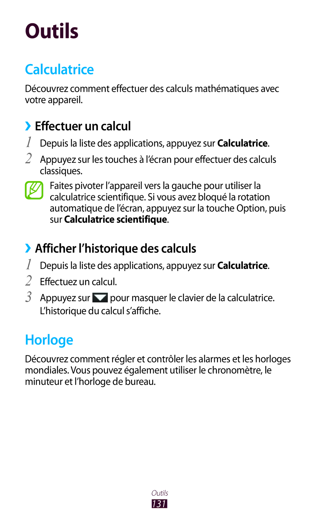 Samsung GT-I9305TADFTM manual Calculatrice, Horloge, ››Effectuer un calcul, ››Afficher l’historique des calculs, 131 