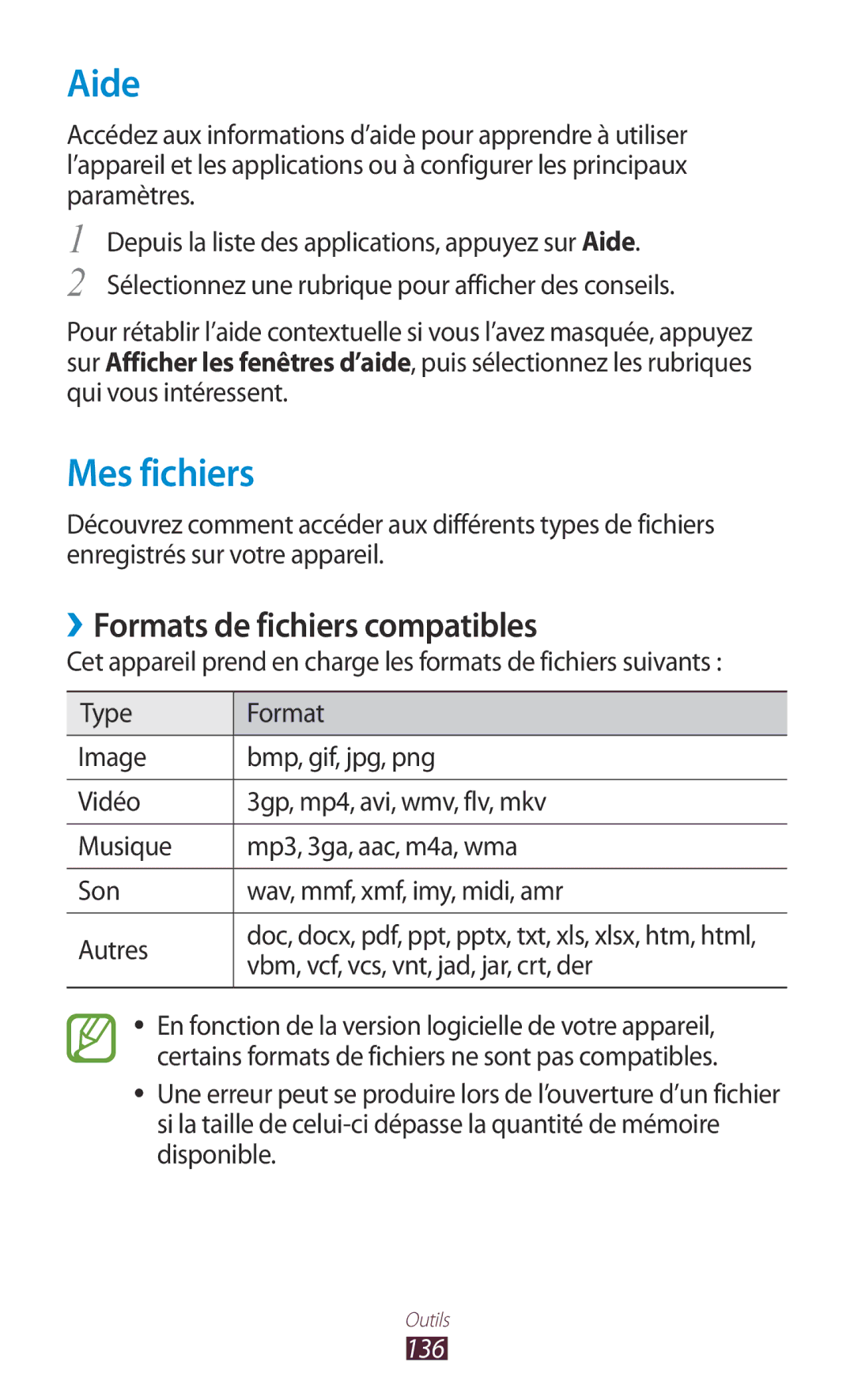 Samsung GT-I9305OKDSFR, GT-I9305OKDFTM, GT-I9305TADFTM manual Aide, Mes fichiers, ››Formats de fichiers compatibles, 136 