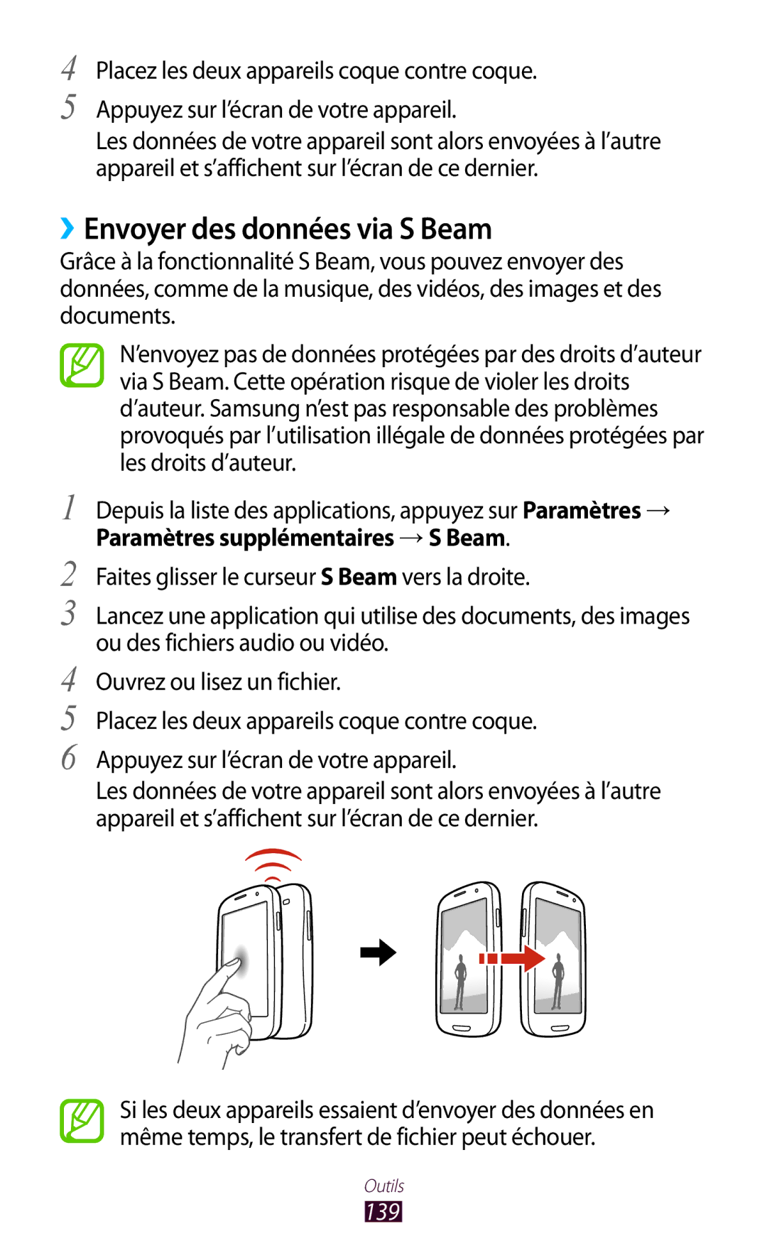 Samsung GT-I9305OKDBOG, GT-I9305OKDFTM manual ››Envoyer des données via S Beam, Paramètres supplémentaires → S Beam, 139 