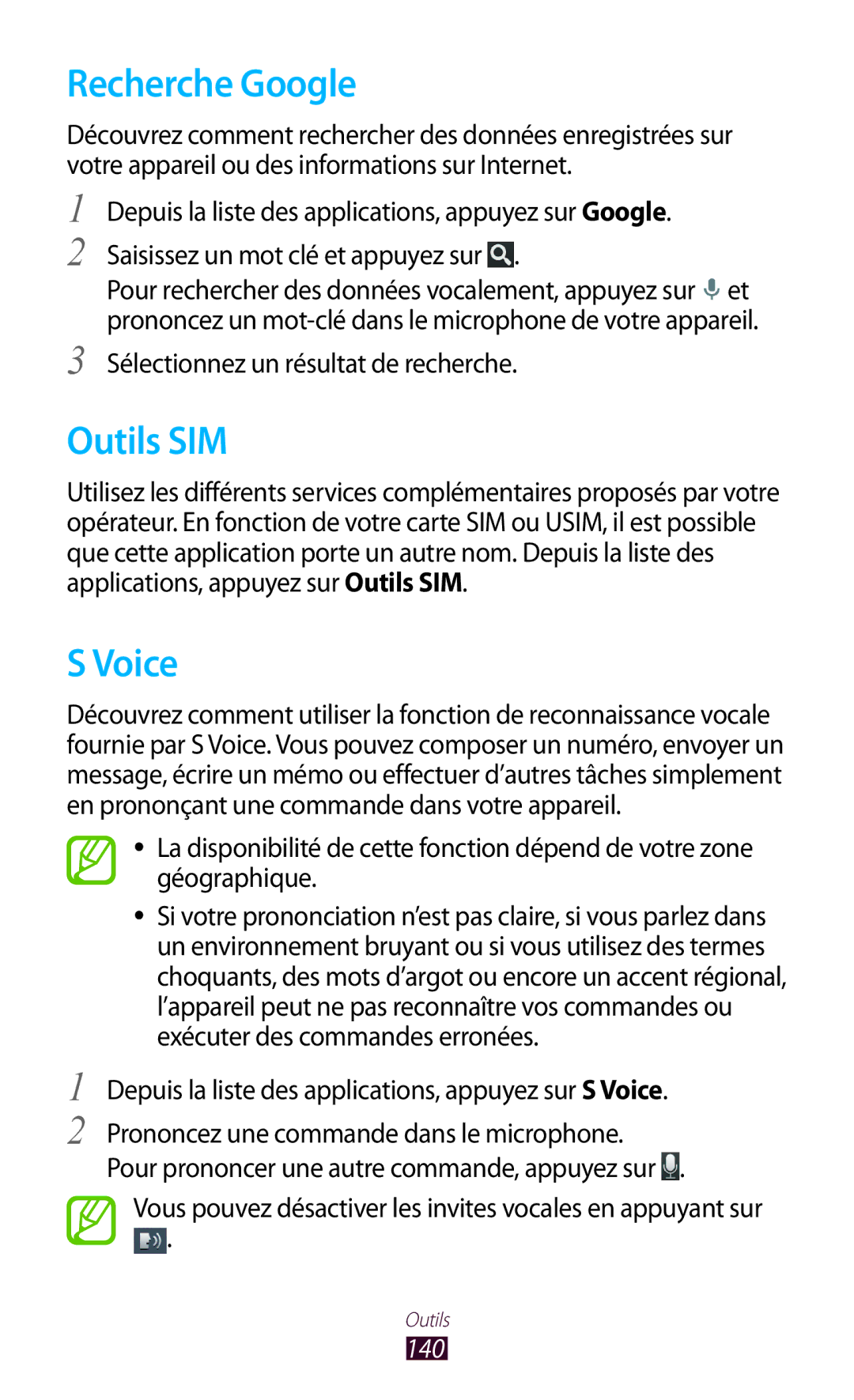 Samsung GT-I9305OKDFTM, GT-I9305TADFTM, GT-I9305RWDSFR, GT-I9305OKASFR manual Recherche Google, Outils SIM, Voice, 140 