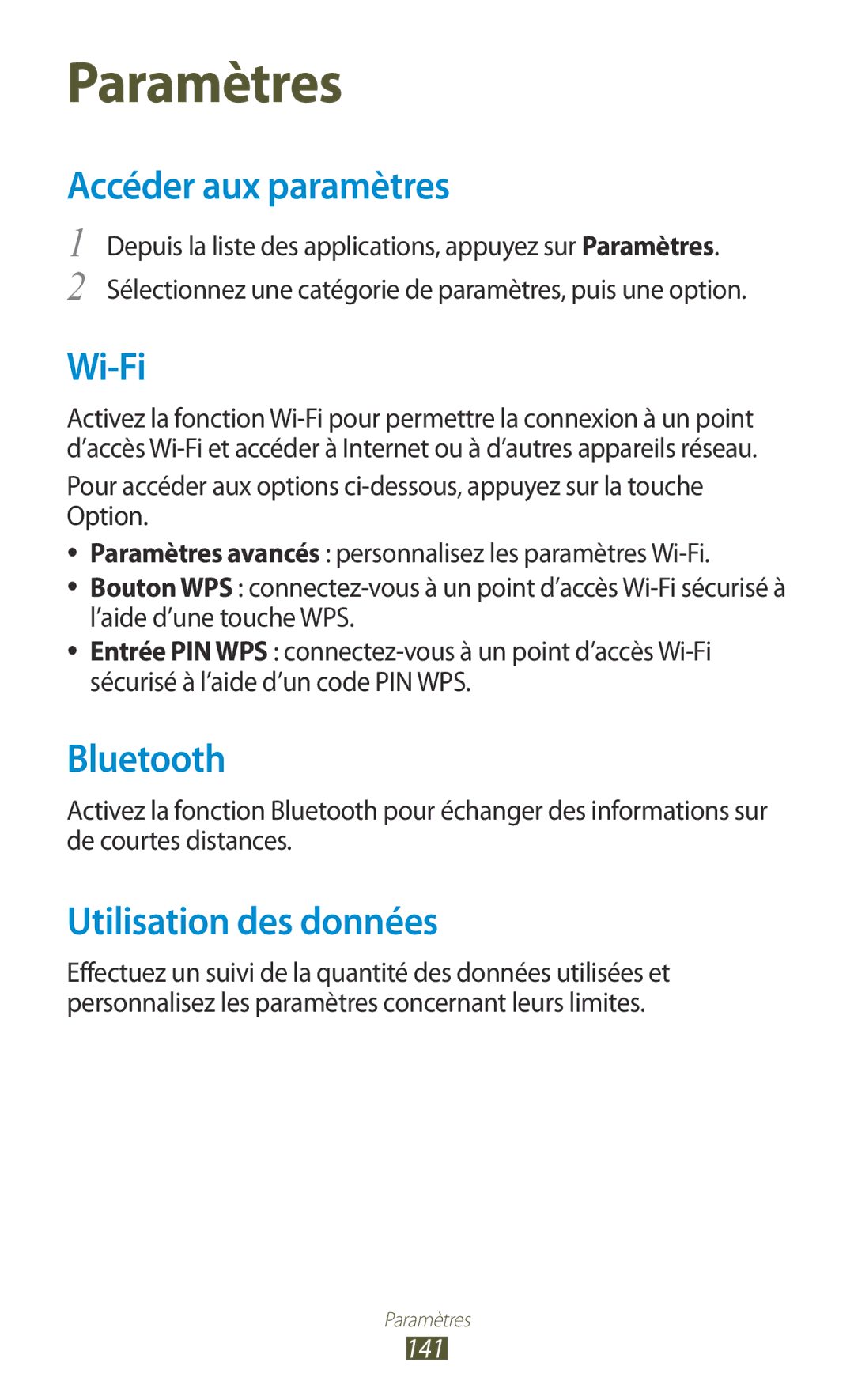 Samsung GT-I9305TADFTM, GT-I9305OKDFTM, GT-I9305RWDSFR, GT-I9305OKASFR Accéder aux paramètres, Utilisation des données, 141 