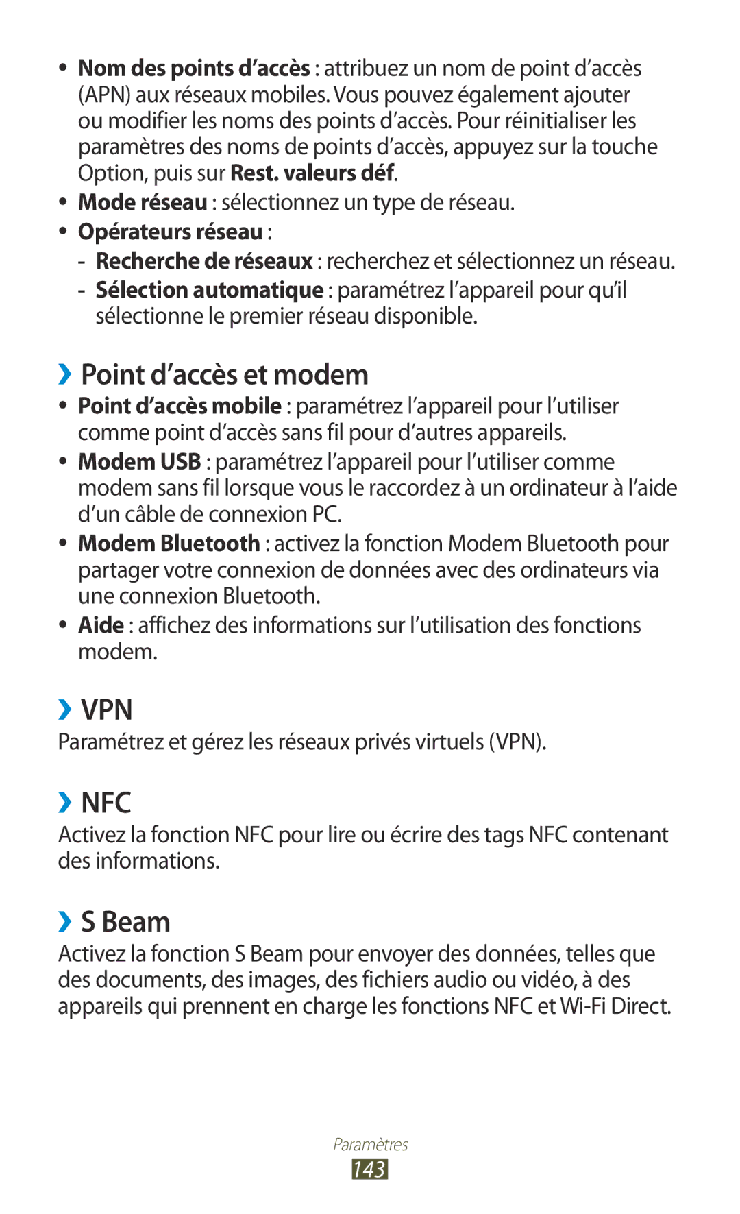 Samsung GT-I9305OKASFR manual ››Point d’accès et modem, ››S Beam, Paramétrez et gérez les réseaux privés virtuels VPN, 143 