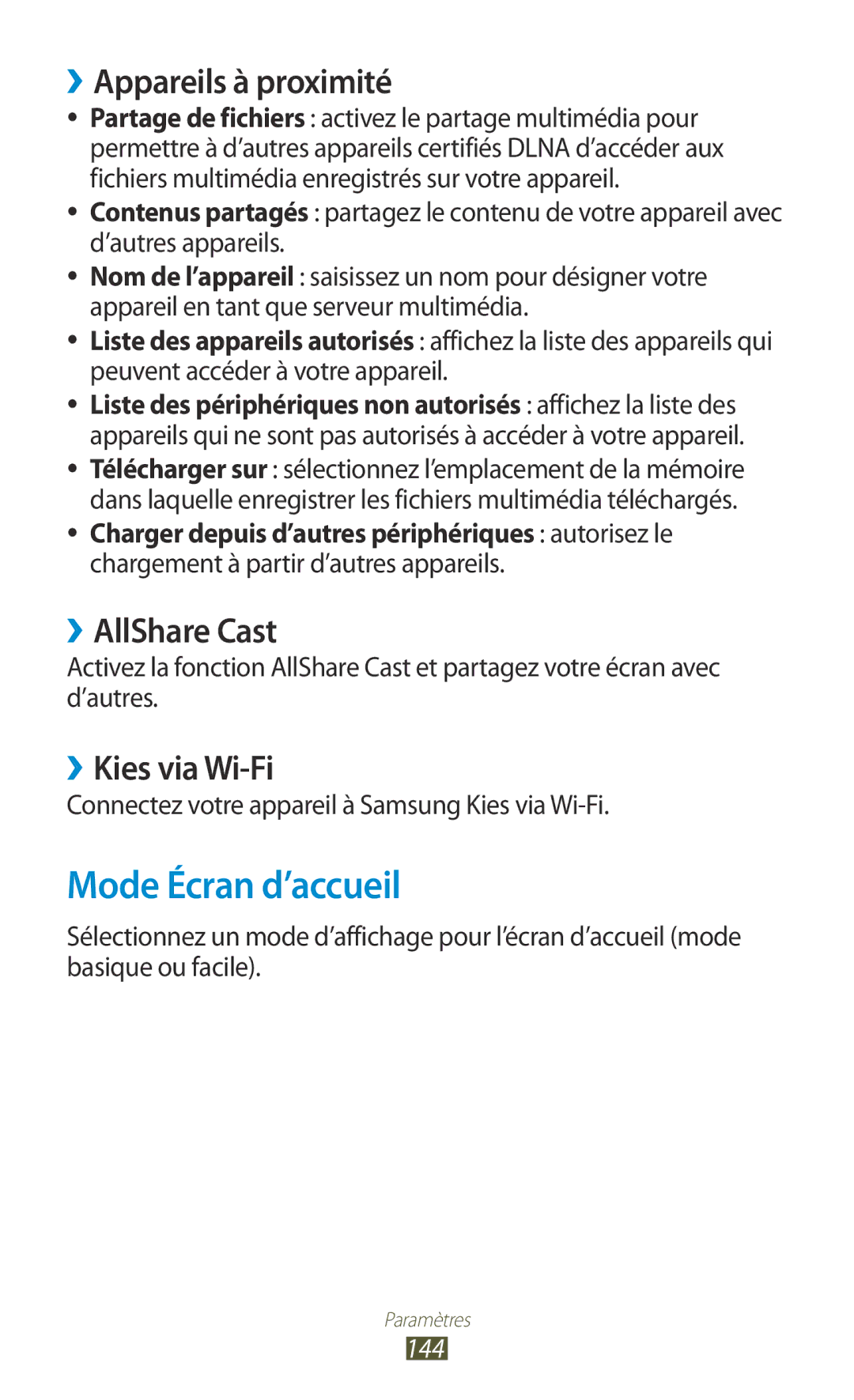 Samsung GT-I9305RWDFTM manual Mode Écran d’accueil, ››Appareils à proximité, ››AllShare Cast, ››Kies via Wi-Fi, 144 