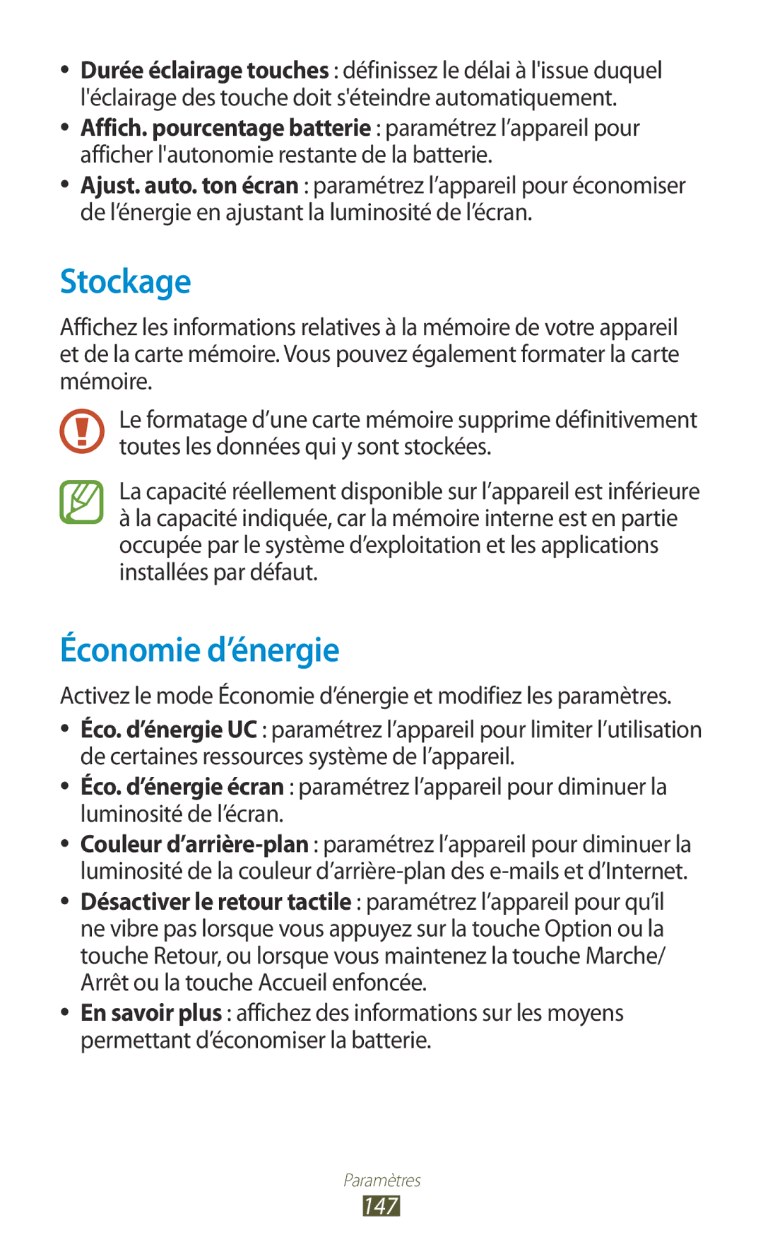 Samsung GT-I9305RWDBOG, GT-I9305OKDFTM, GT-I9305TADFTM, GT-I9305RWDSFR, GT-I9305OKASFR manual Stockage, Économie d’énergie, 147 