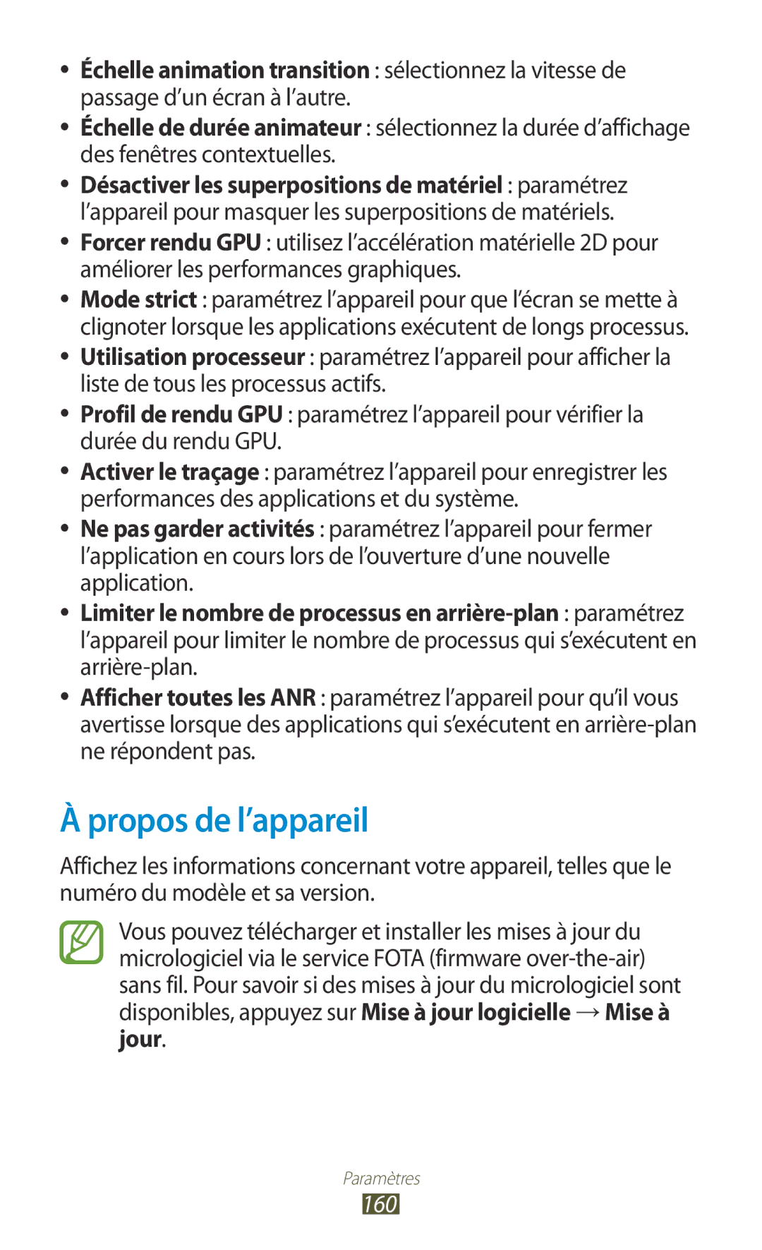 Samsung GT-I9305OKDFTM, GT-I9305TADFTM Propos de l’appareil, Échelle animation transition sélectionnez la vitesse de, 160 