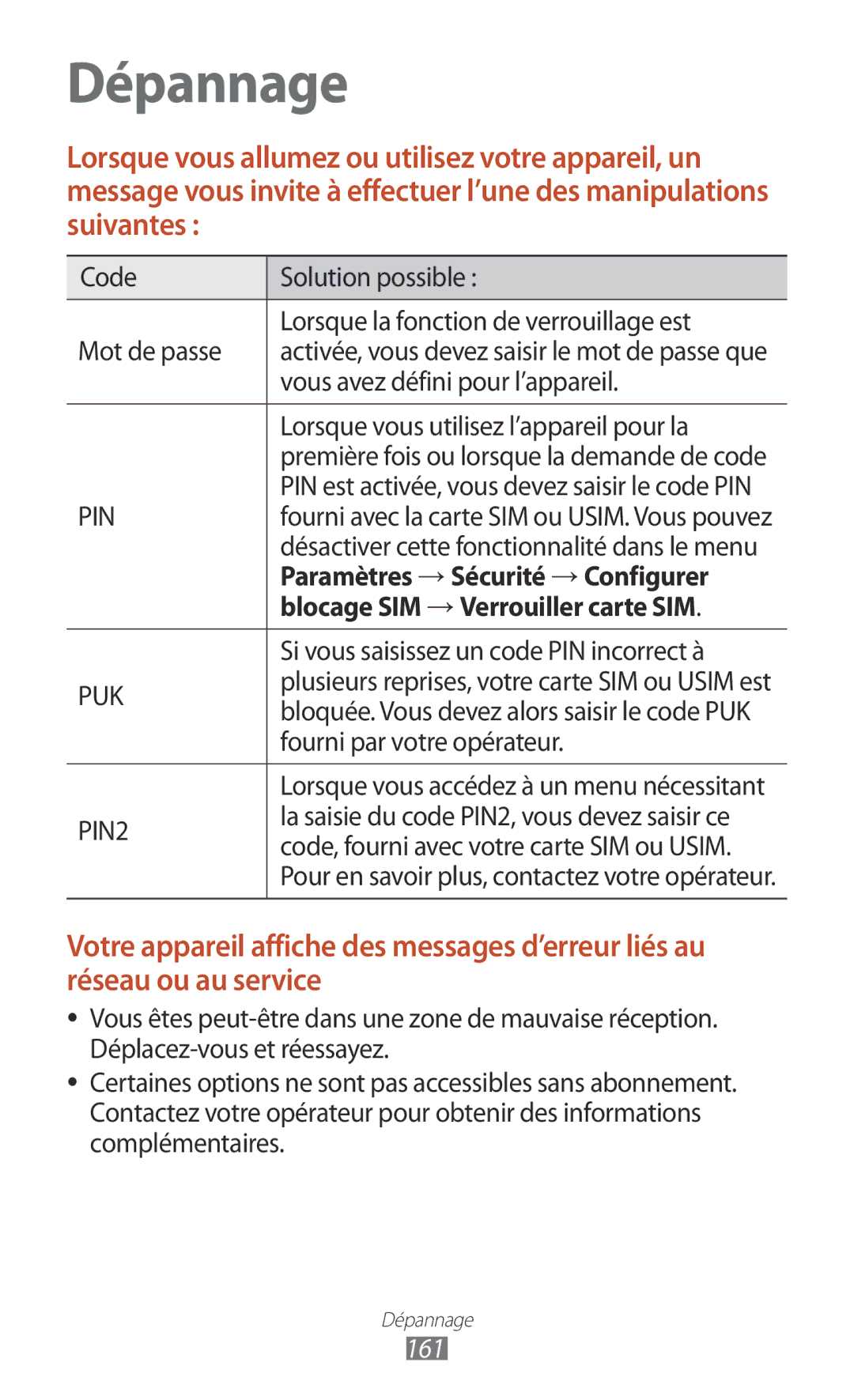 Samsung GT-I9305TADFTM, GT-I9305OKDFTM manual Paramètres → Sécurité → Configurer, Blocage SIM → Verrouiller carte SIM, 161 