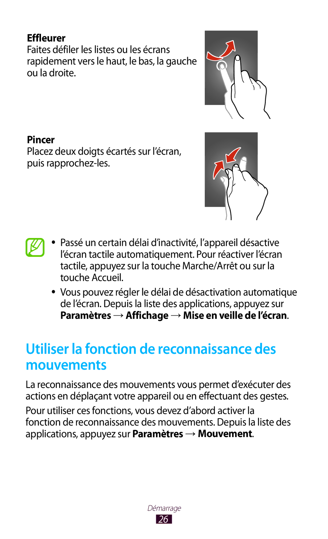 Samsung GT-I9305OKDSFR, GT-I9305OKDFTM manual Utiliser la fonction de reconnaissance des mouvements, Effleurer, Pincer 