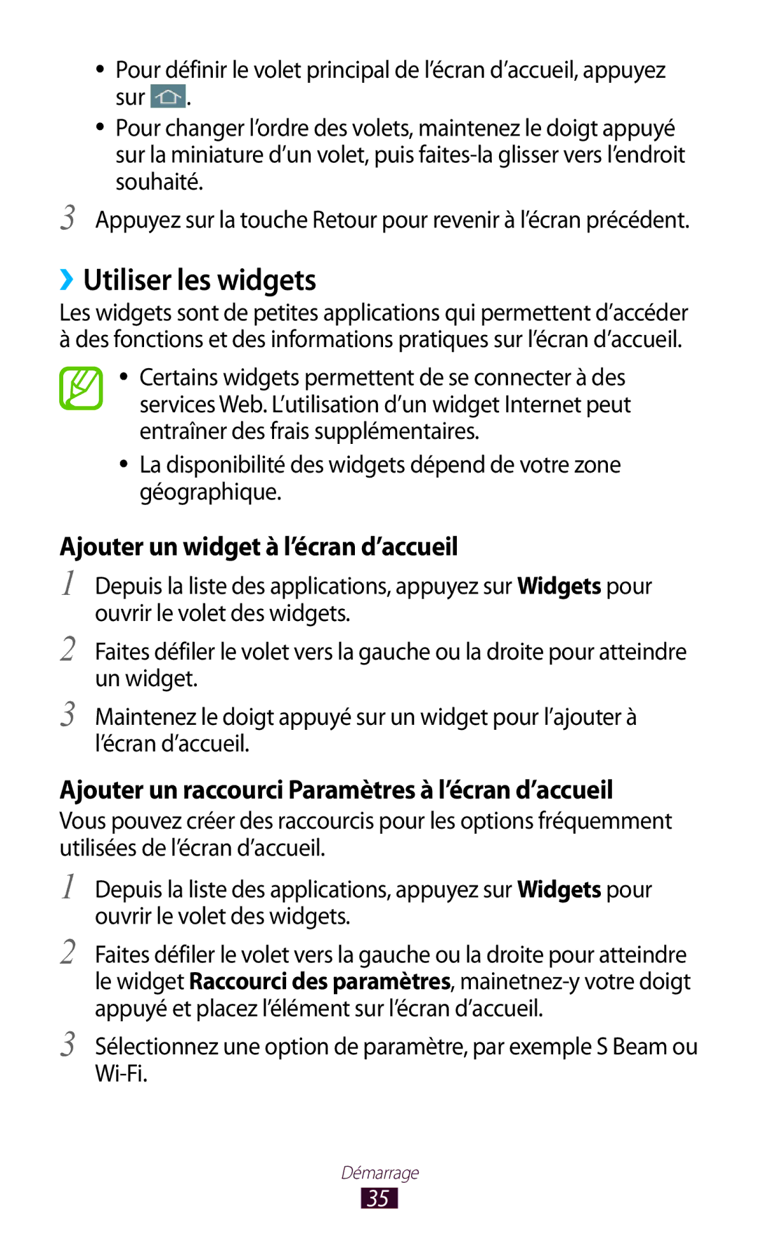 Samsung GT-I9305OKDXEF, GT-I9305OKDFTM, GT-I9305TADFTM manual ››Utiliser les widgets, Ajouter un widget à l’écran d’accueil 