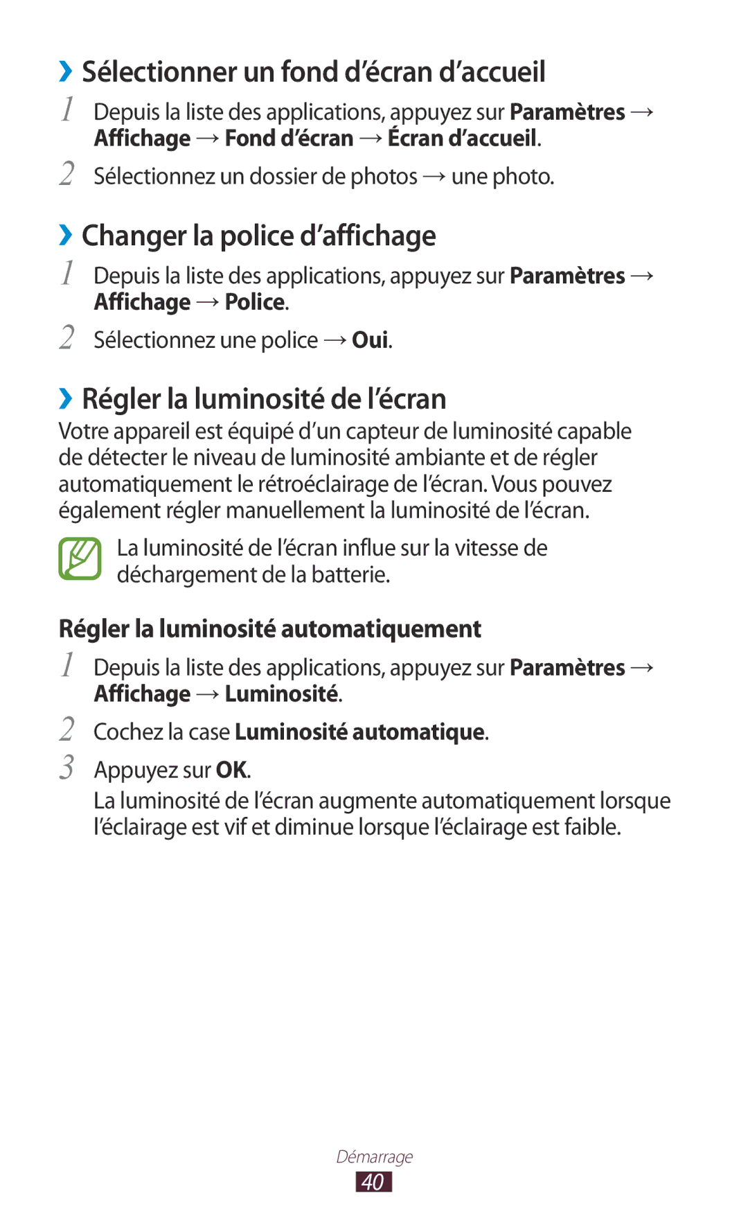 Samsung GT-I9305OKDFTM, GT-I9305TADFTM manual ››Sélectionner un fond d’écran d’accueil, ››Changer la police d’affichage 