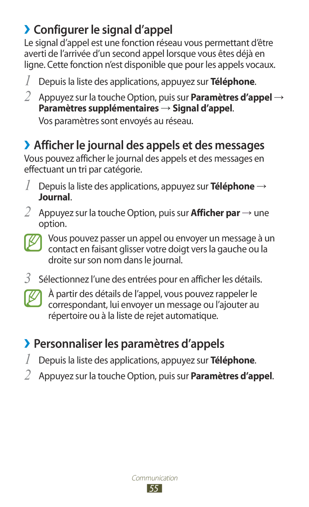 Samsung GT-I9305OKDXEF, GT-I9305OKDFTM ››Configurer le signal d’appel, ››Personnaliser les paramètres d’appels, Journal 