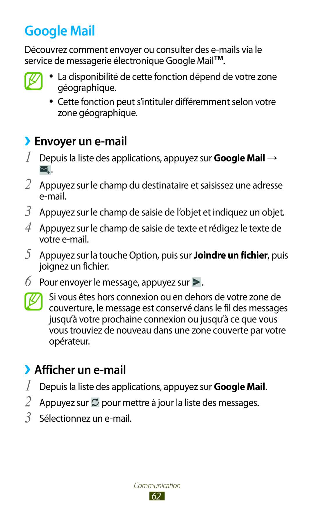 Samsung GT-I9305RWDSFR, GT-I9305OKDFTM manual Google Mail, ››Envoyer un e-mail, ››Afficher un e-mail, Sélectionnez un e-mail 