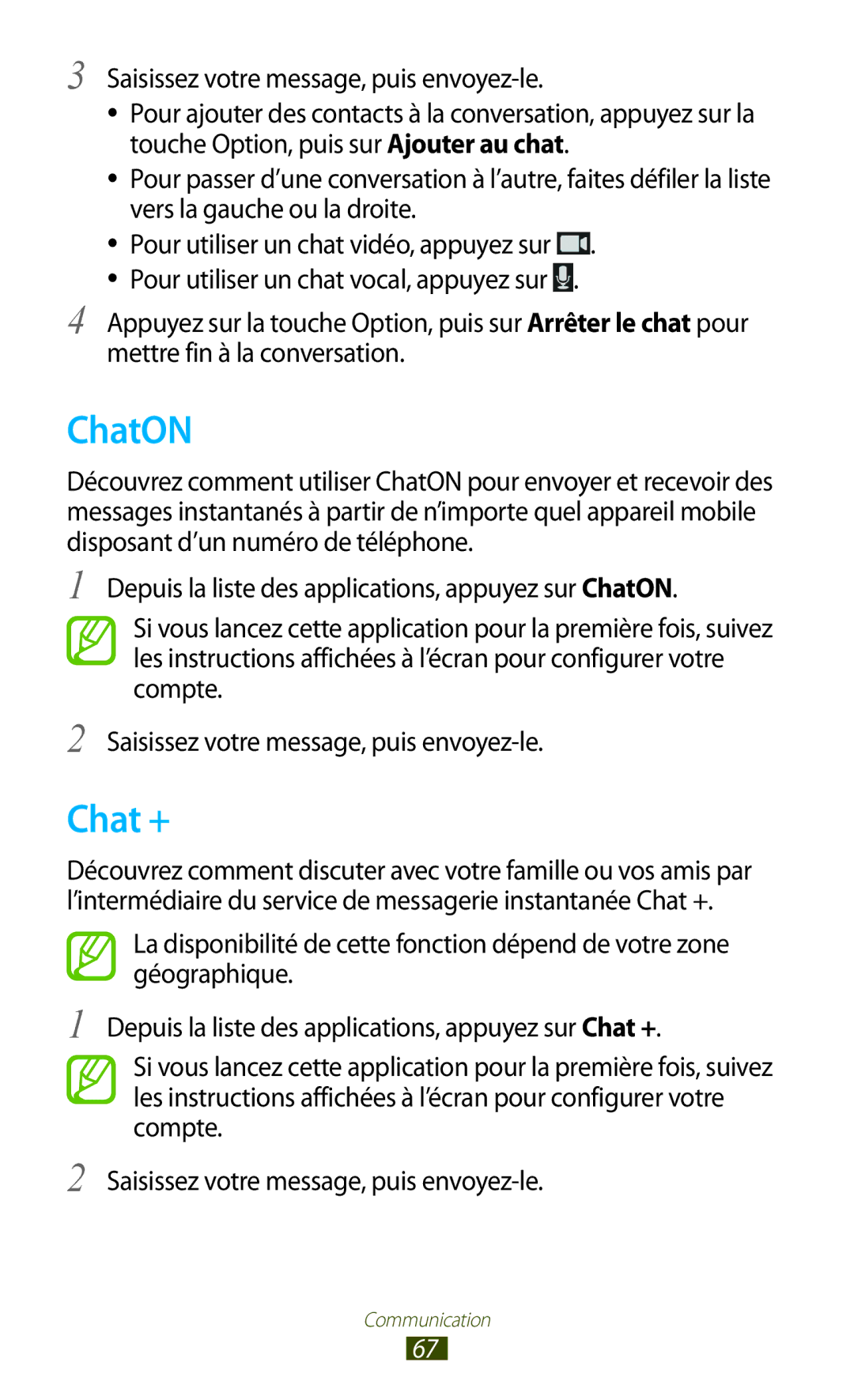 Samsung GT-I9305RWDBOG, GT-I9305OKDFTM, GT-I9305TADFTM manual ChatON, Chat +, Saisissez votre message, puis envoyez-le 